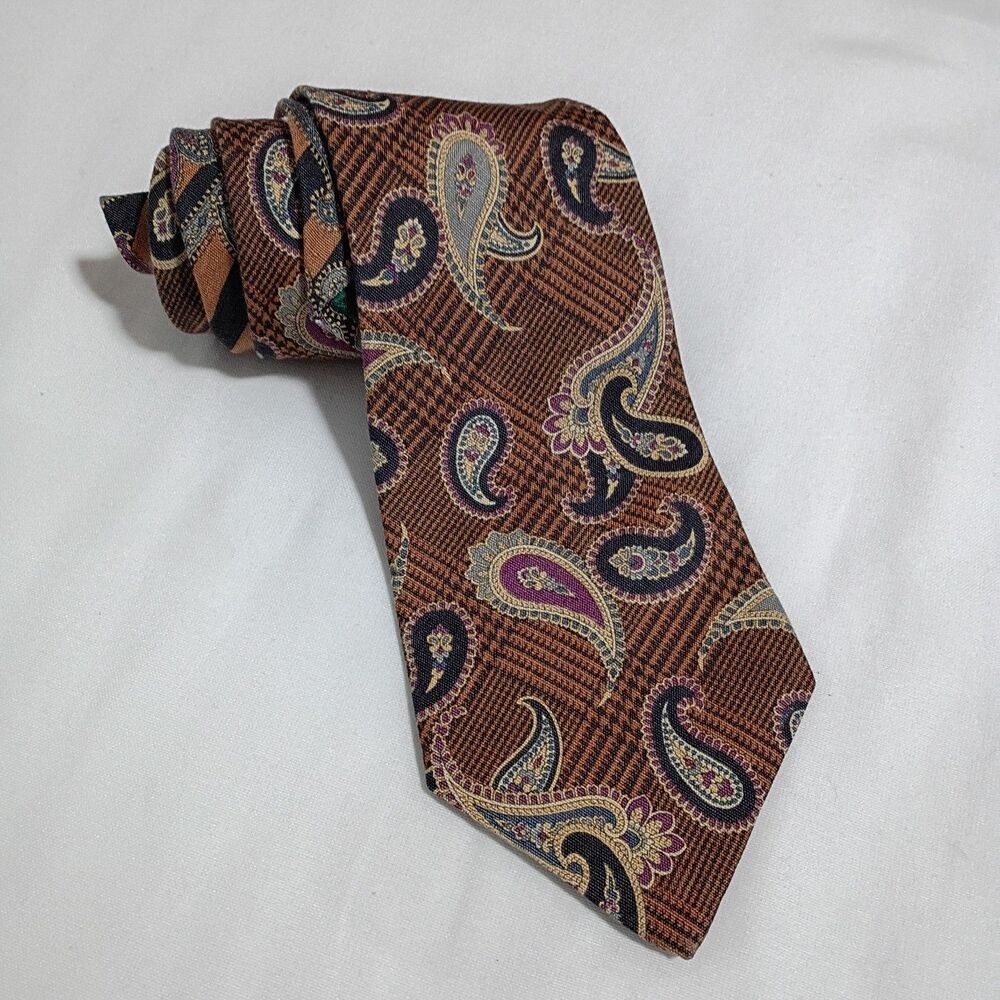 Vintage Tommy Hilfiger 100% Linen Necktie 58x4 Paisley On Plaid Made In USA